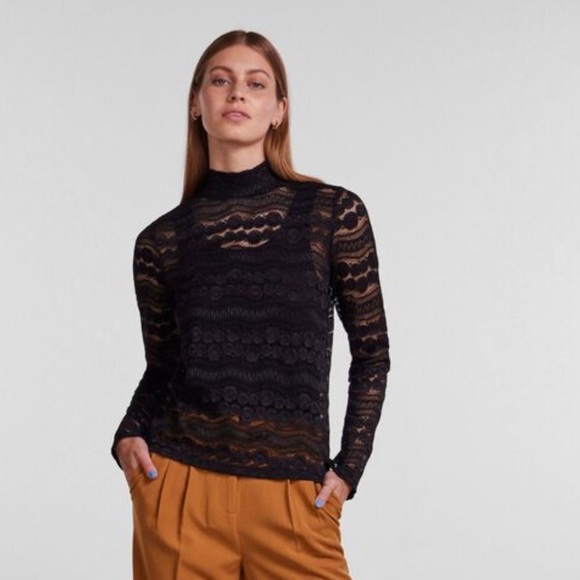 NWT Yas Pinna Long Sleeve High Neck Semi-sheer Lace Top S Black - Picture 1 of 16